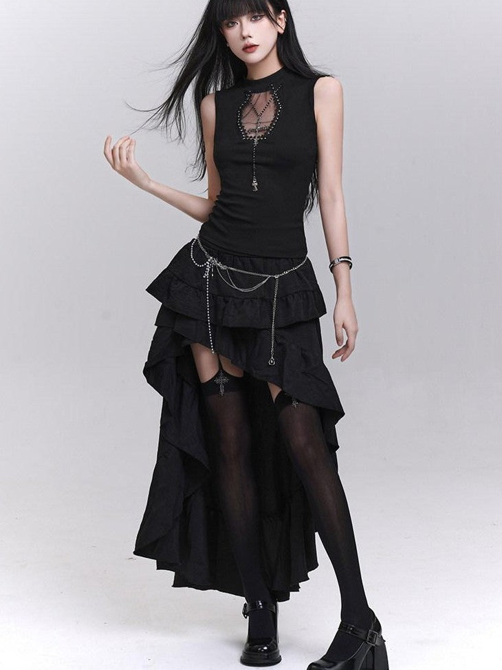LADYGHOST Ghost Print Black Sleeveless Unique Festival Edgy Women&