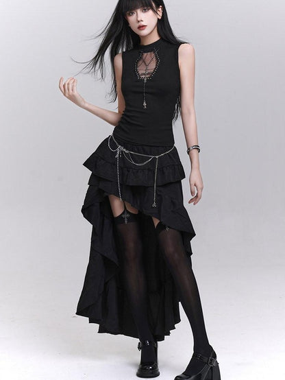 LADYGHOST Ghost Print Black Sleeveless Unique Festival Edgy Women&