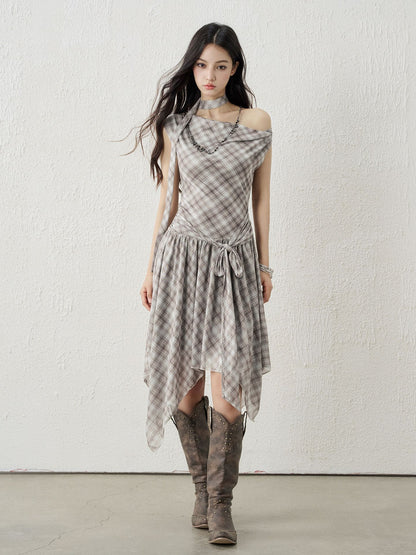 LADYGHOST_Ghostly_Asymmetric_Plaid_One_Shoulder_Cinched_Waist_Women&