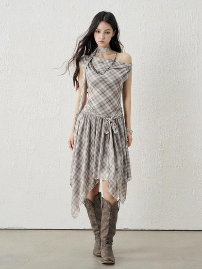 LADYGHOST Ghostly Asymmetric Plaid One Shoulder Cinched Waist Women&