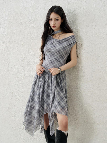 LADYGHOST Ghostly Asymmetric Plaid One Shoulder Cinched Waist Women&