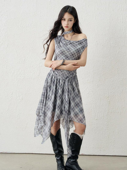 LADYGHOST Ghostly Asymmetric Plaid One Shoulder Cinched Waist Women&