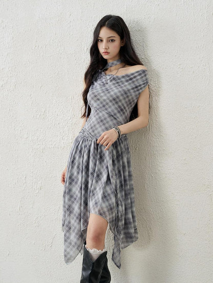 LADYGHOST Ghostly Asymmetric Plaid One Shoulder Cinched Waist Women&