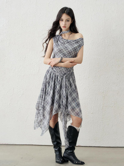 LADYGHOST Ghostly Asymmetric Plaid One Shoulder Cinched Waist Women&