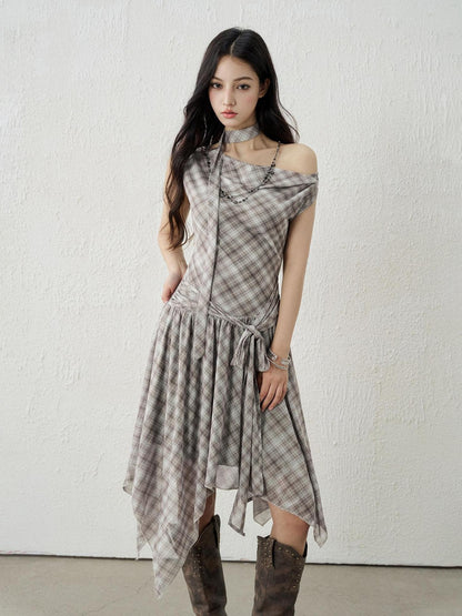 LADYGHOST Ghostly Asymmetric Plaid One Shoulder Cinched Waist Women&