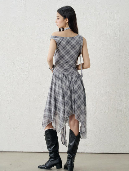 LADYGHOST Ghostly Asymmetric Plaid One Shoulder Cinched Waist Women&