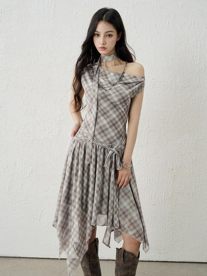 LADYGHOST Ghostly Asymmetric Plaid One Shoulder Cinched Waist Women&