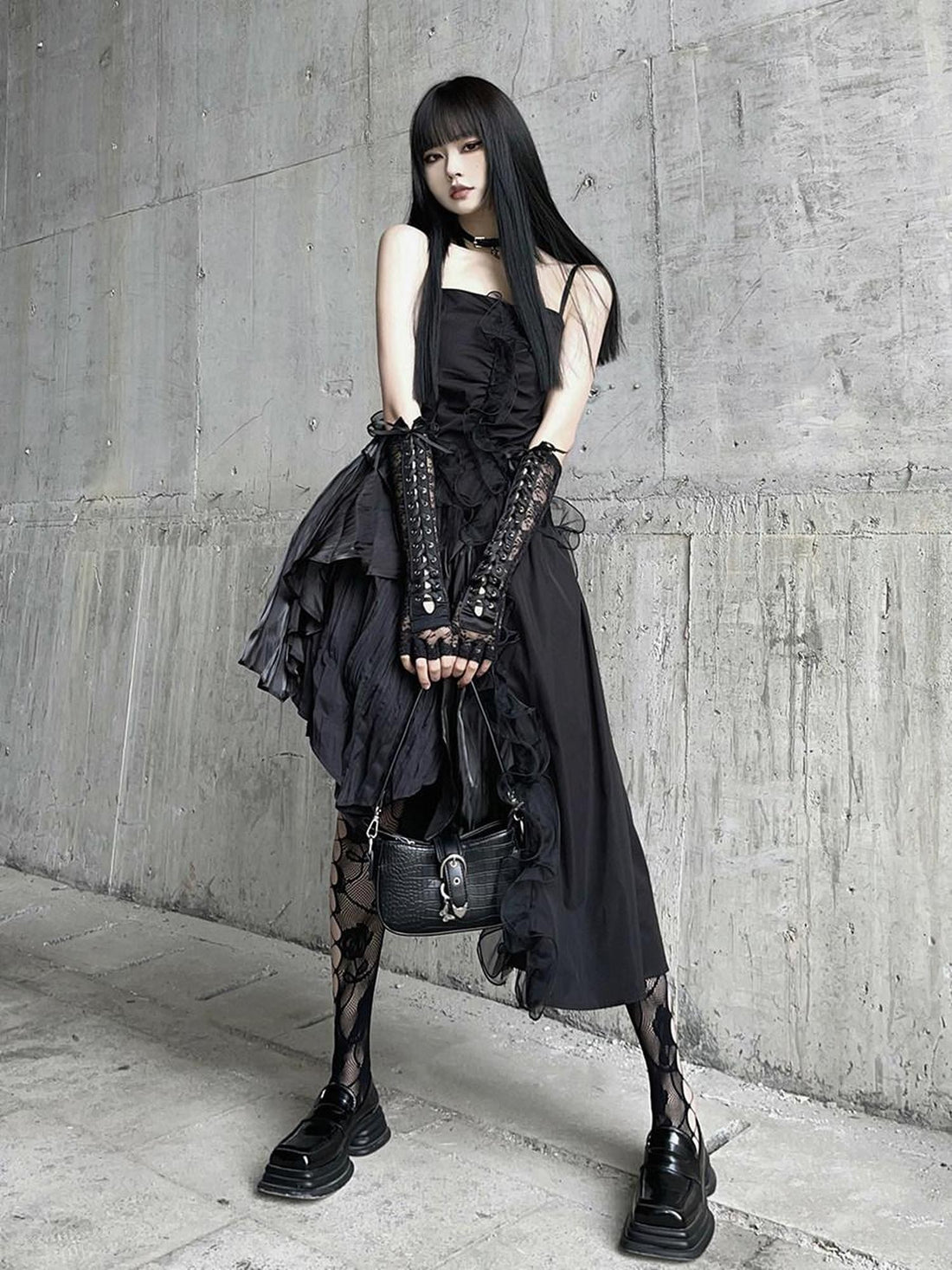 LADYGHOST Ghostly Black Asymmetrical Spaghetti Strap Gothic Women&