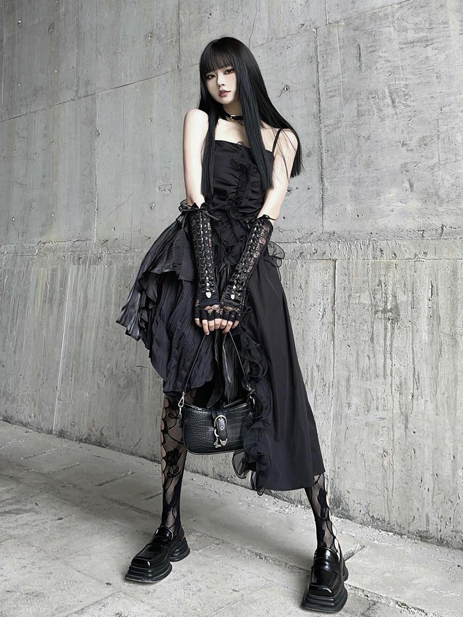 LADYGHOST Ghostly Black Asymmetrical Spaghetti Strap Gothic Women&
