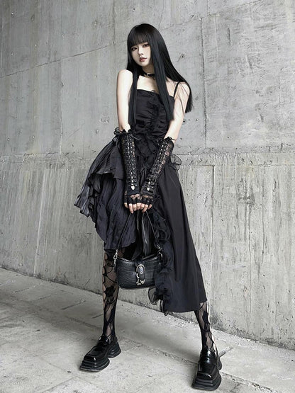 LADYGHOST Ghostly Black Asymmetrical Spaghetti Strap Gothic Women&