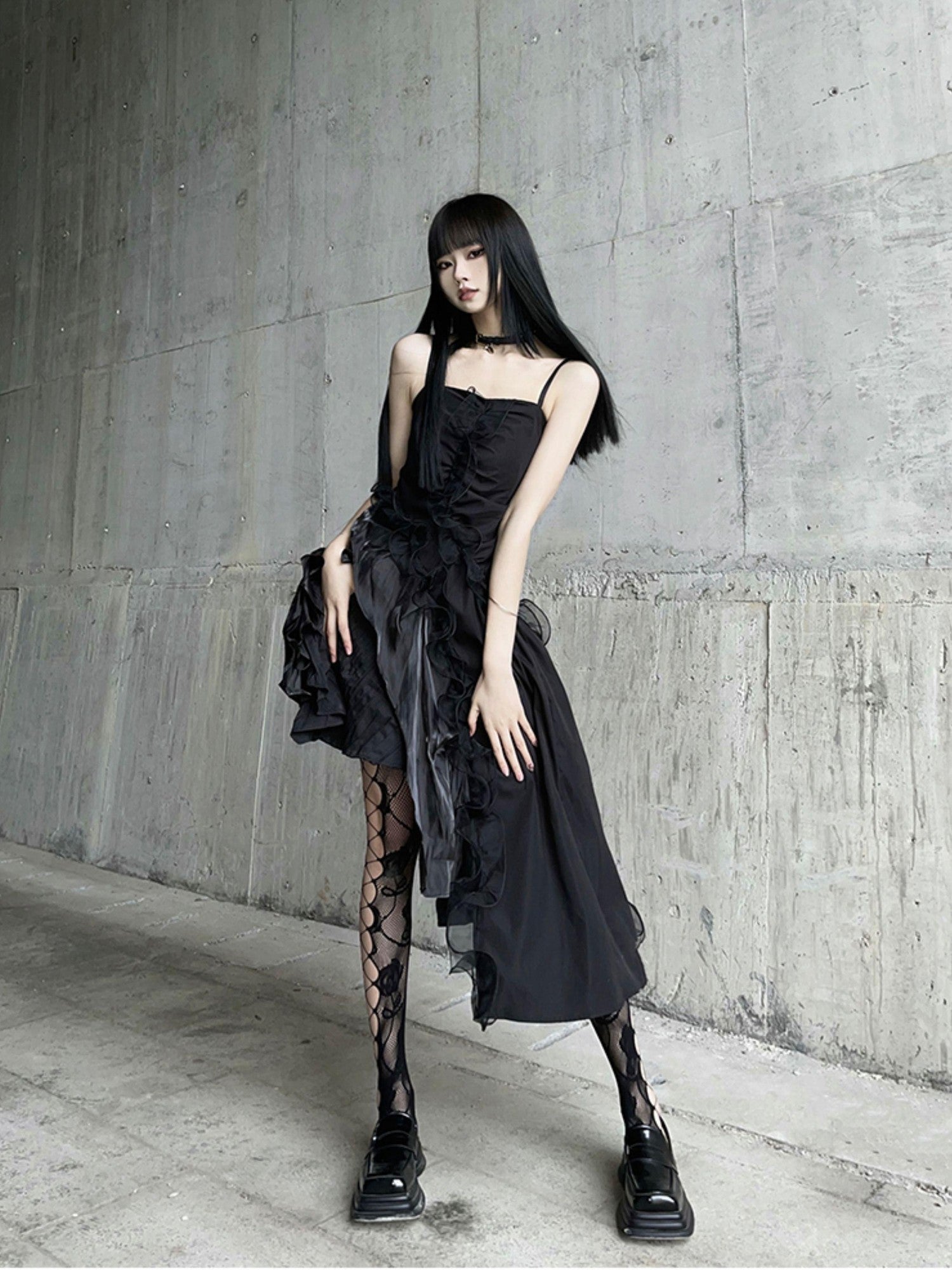 LADYGHOST Ghostly Black Asymmetrical Spaghetti Strap Gothic Women&