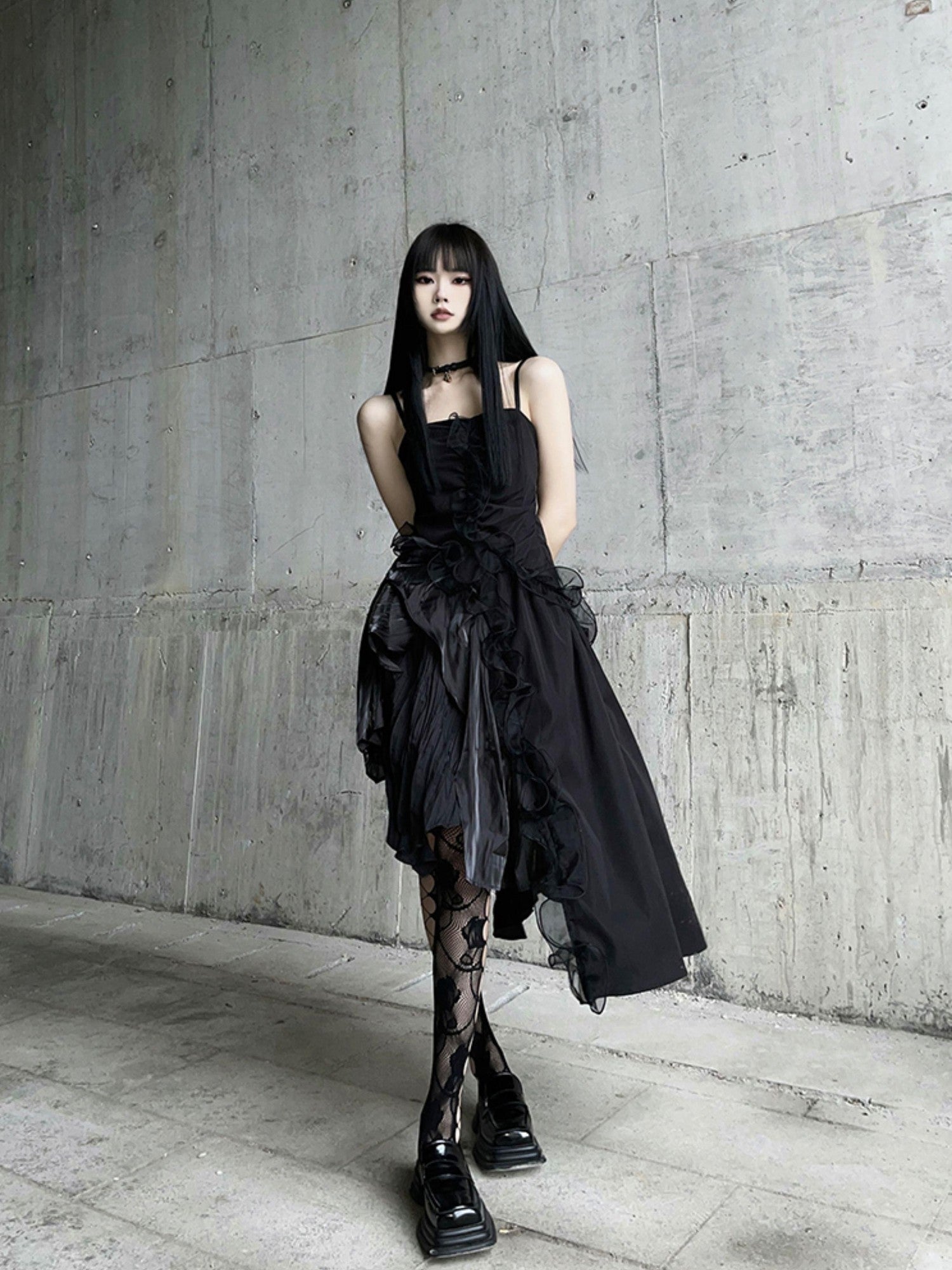 LADYGHOST Ghostly Black Asymmetrical Spaghetti Strap Gothic Women&