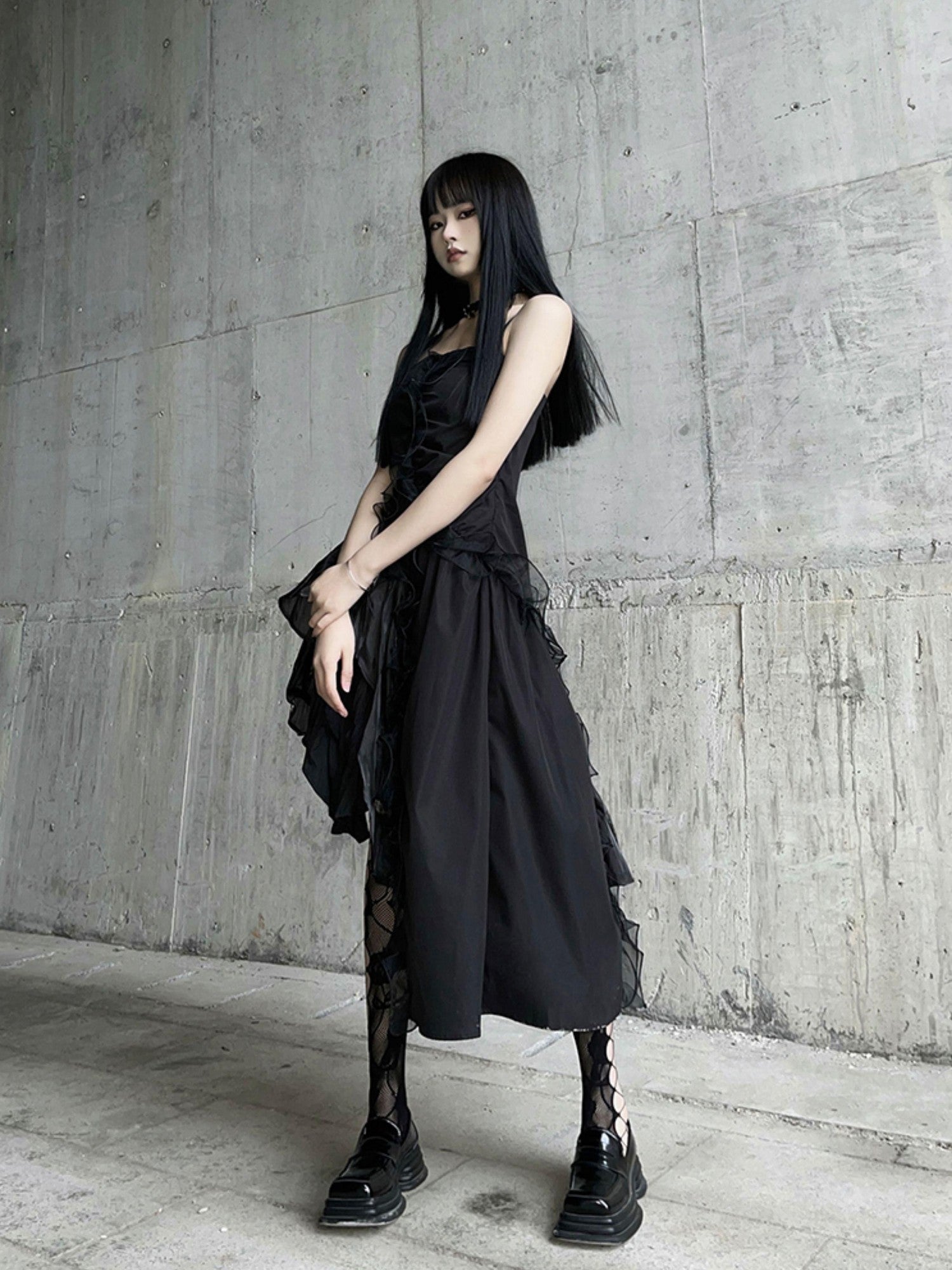 LADYGHOST Ghostly Black Asymmetrical Spaghetti Strap Gothic Women&