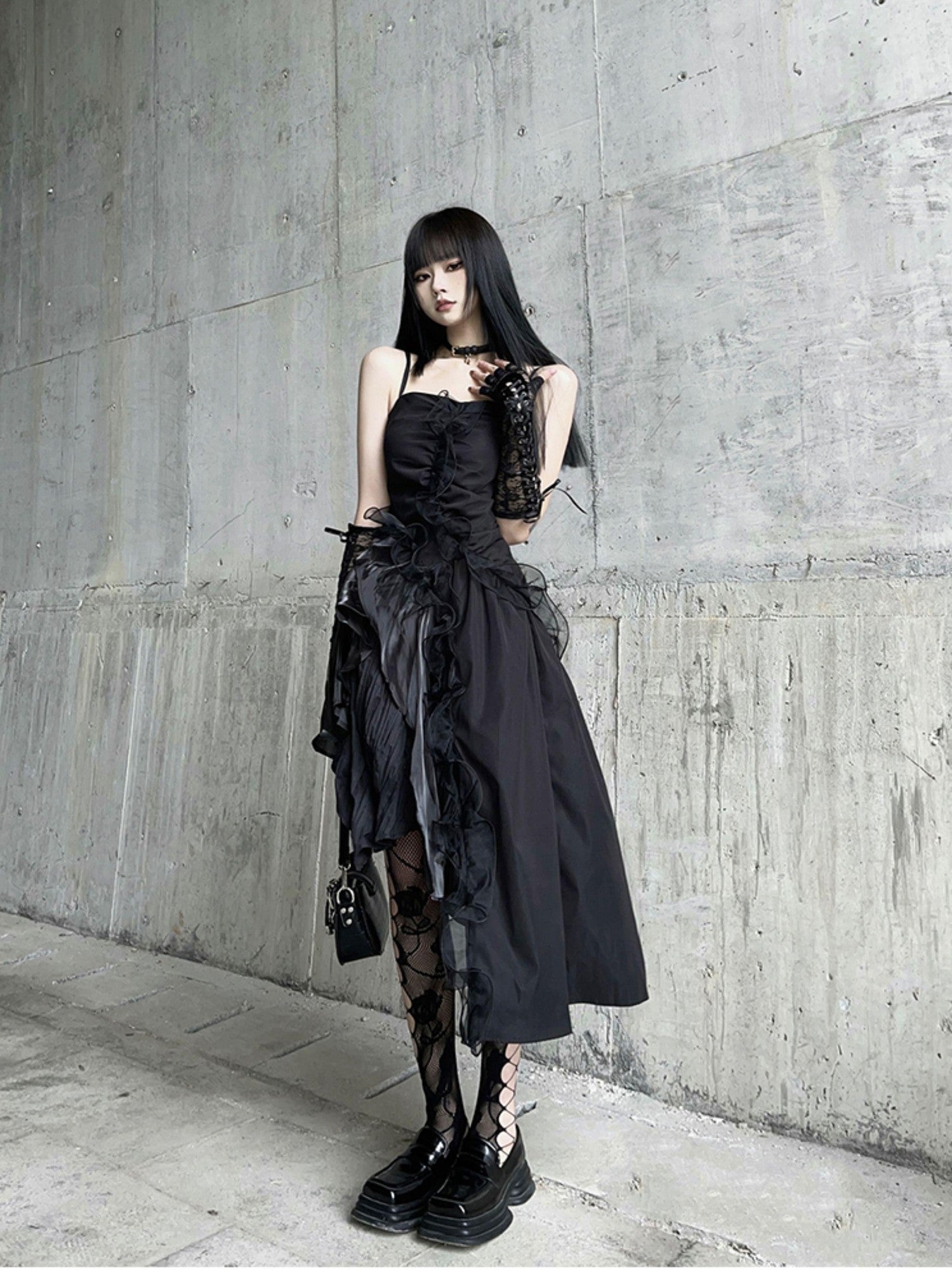 LADYGHOST Ghostly Black Asymmetrical Spaghetti Strap Gothic Women&