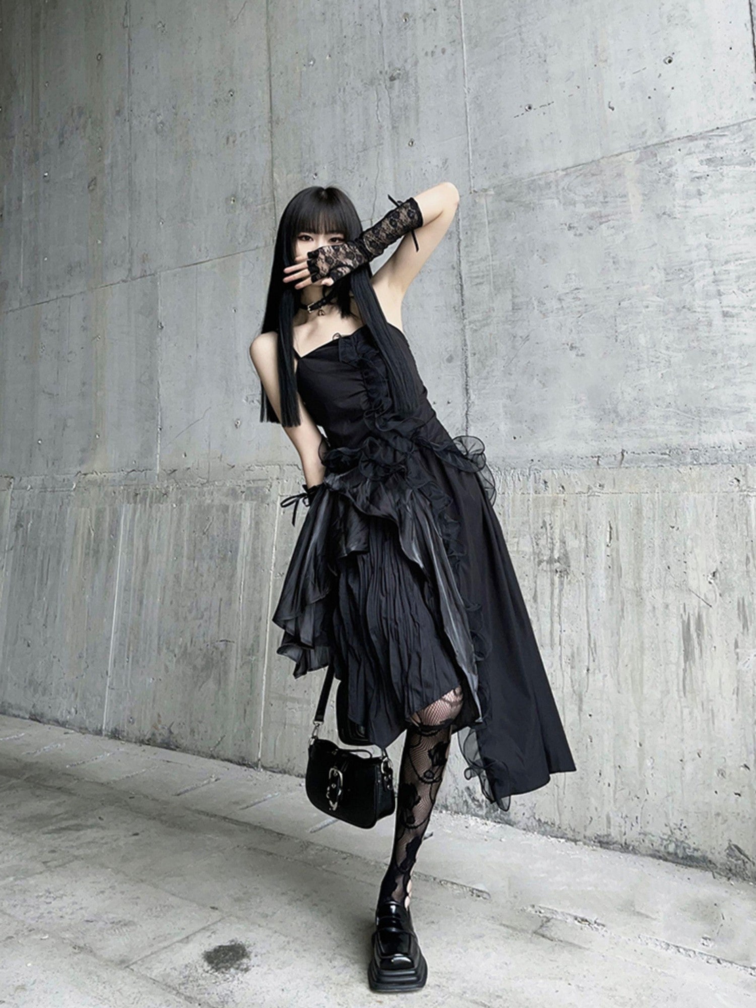 LADYGHOST Ghostly Black Asymmetrical Spaghetti Strap Gothic Women&