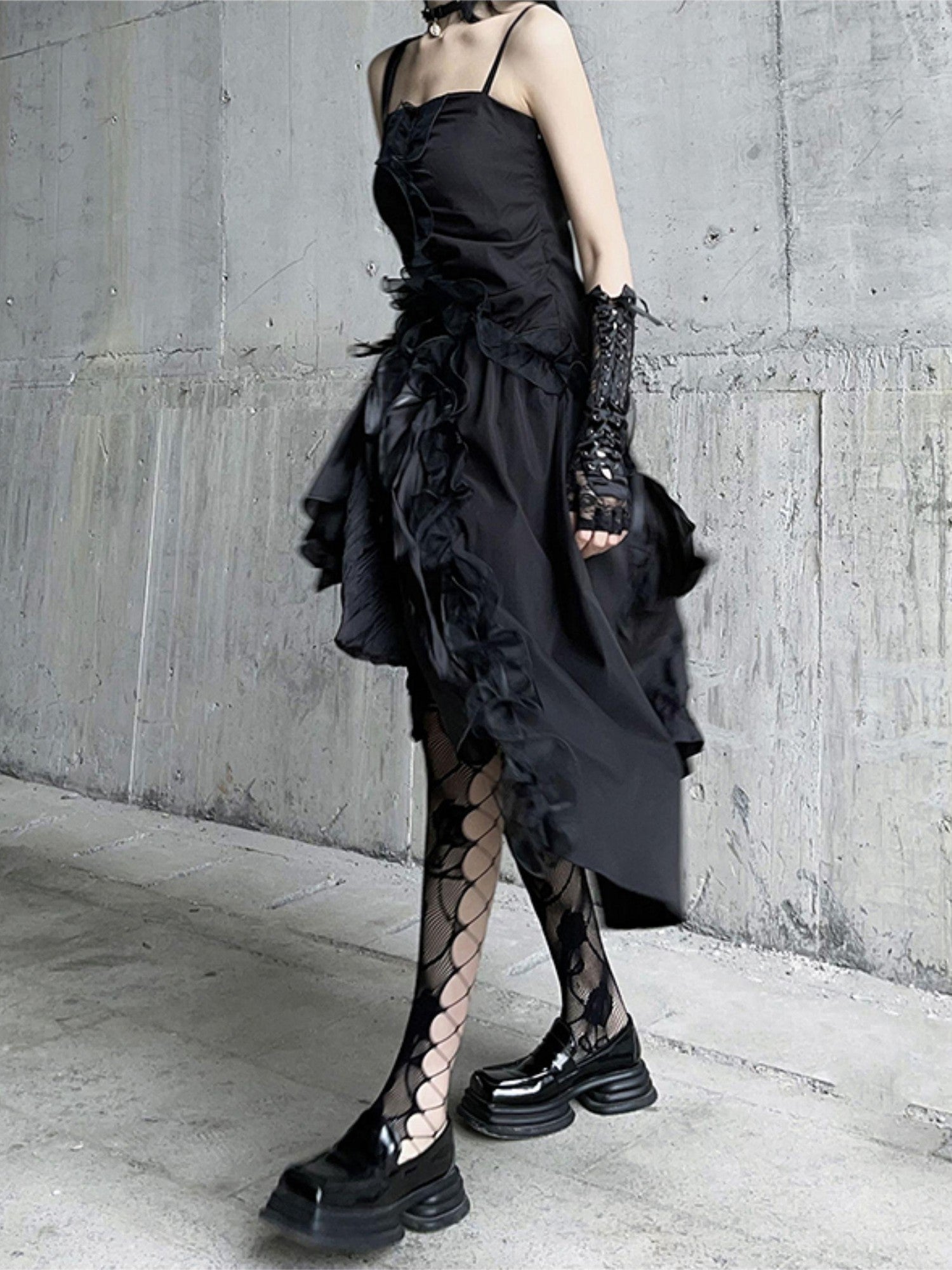LADYGHOST Ghostly Black Asymmetrical Spaghetti Strap Gothic Women&