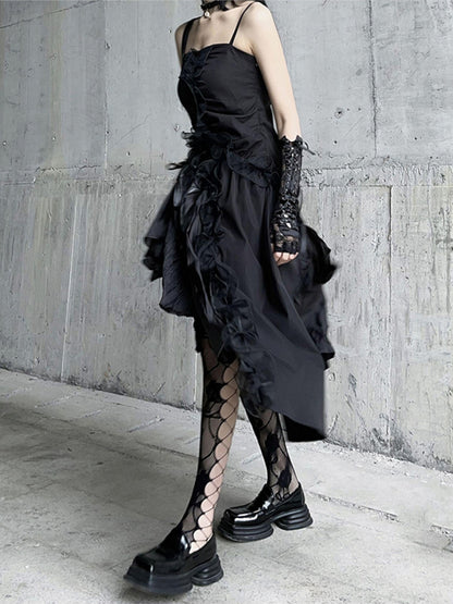 LADYGHOST Ghostly Black Asymmetrical Spaghetti Strap Gothic Women&