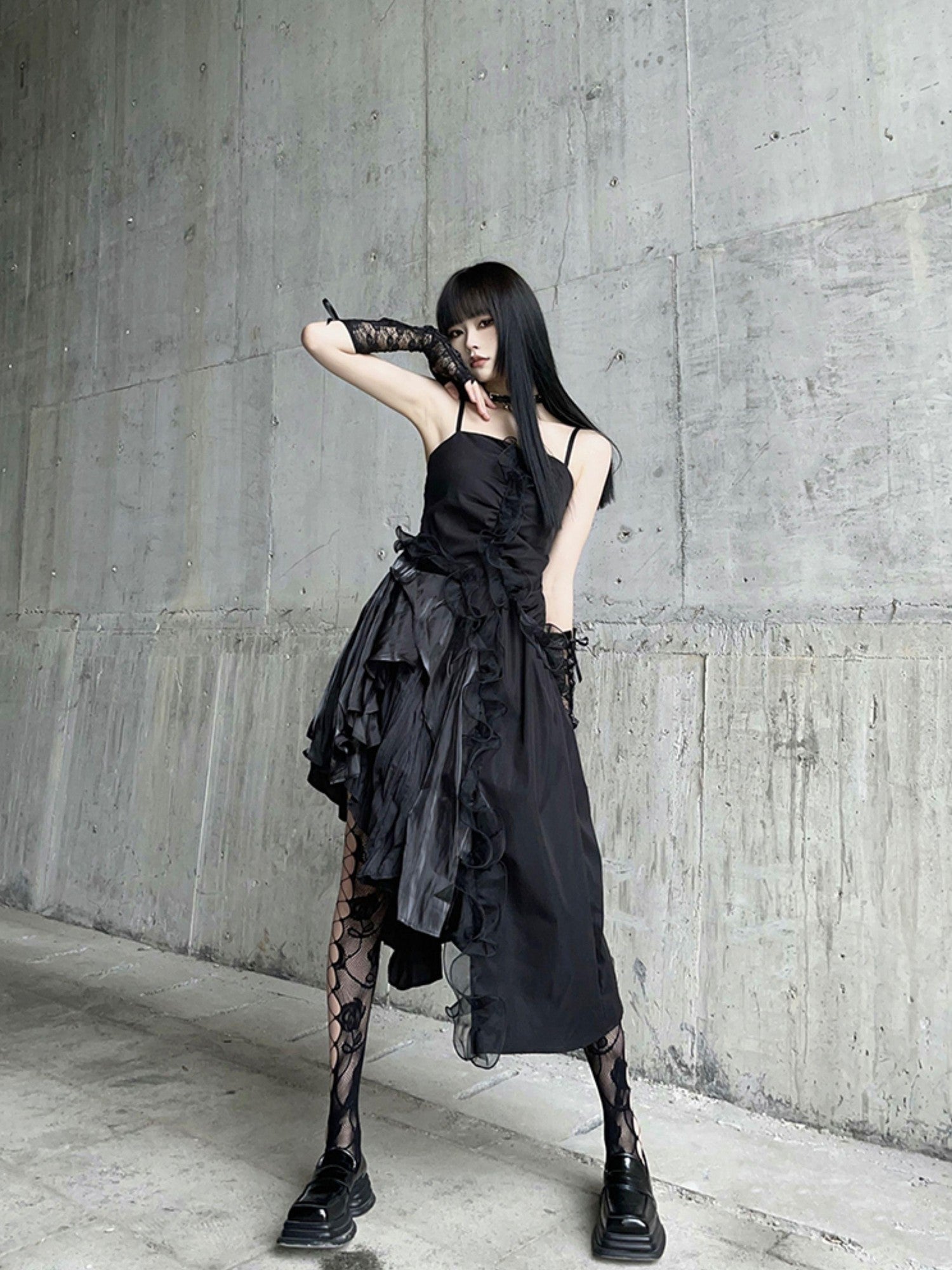 LADYGHOST Ghostly Black Asymmetrical Spaghetti Strap Gothic Women&
