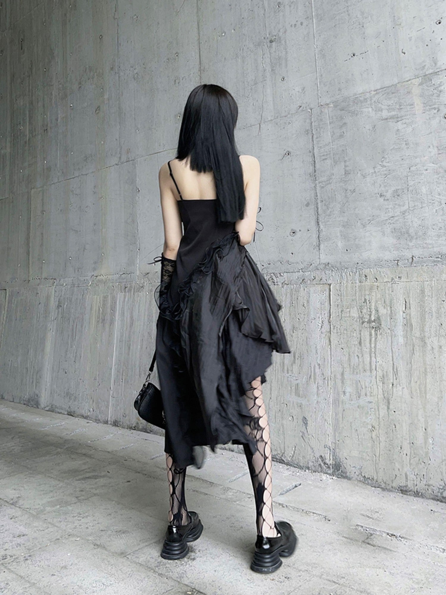 LADYGHOST Ghostly Black Asymmetrical Spaghetti Strap Gothic Women&
