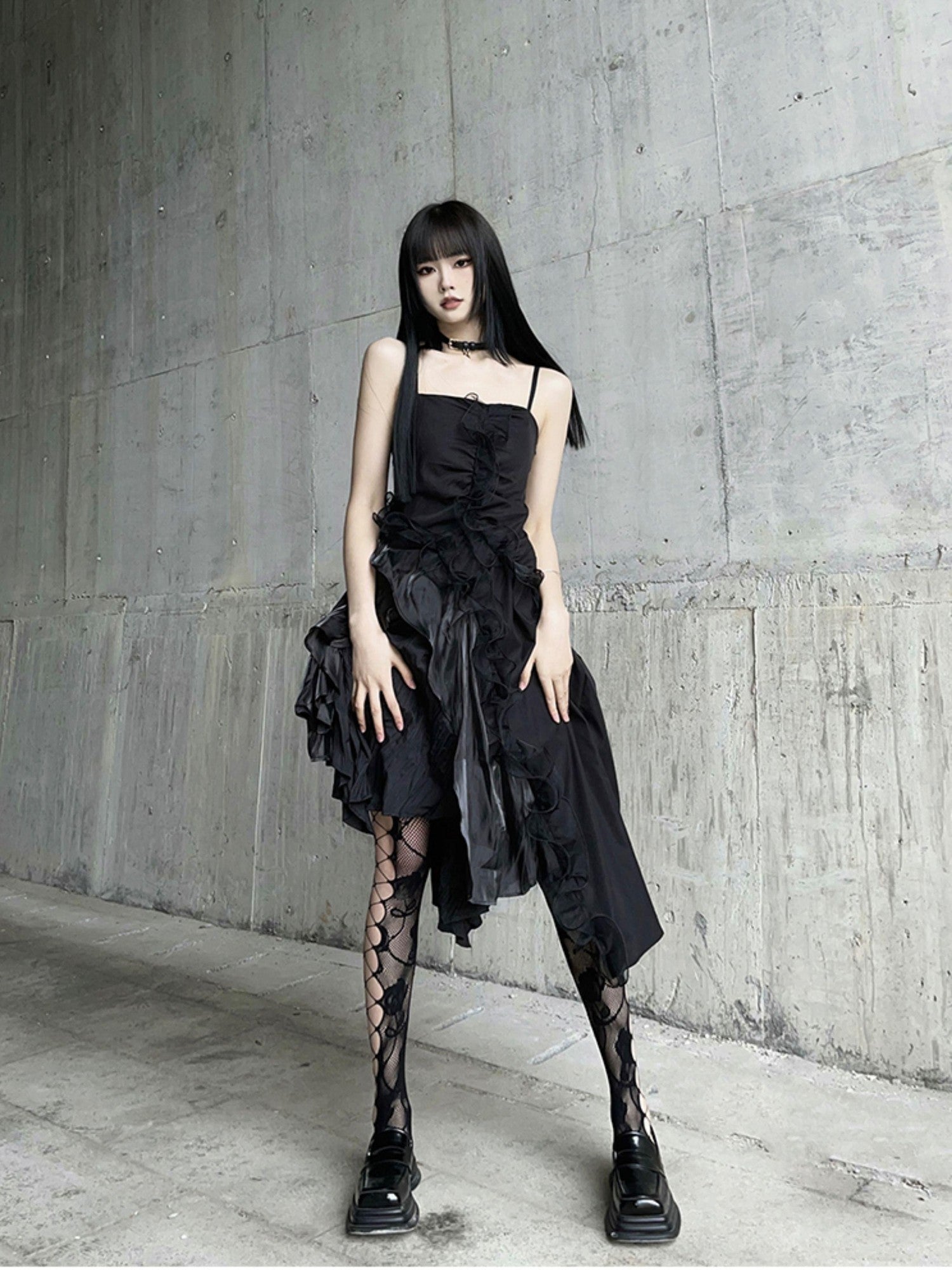 LADYGHOST Ghostly Black Asymmetrical Spaghetti Strap Gothic Women&