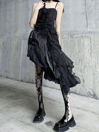 LADYGHOST Ghostly Black Asymmetrical Spaghetti Strap Gothic Women&