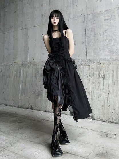 LADYGHOST Ghostly Black Asymmetrical Spaghetti Strap Gothic Women&
