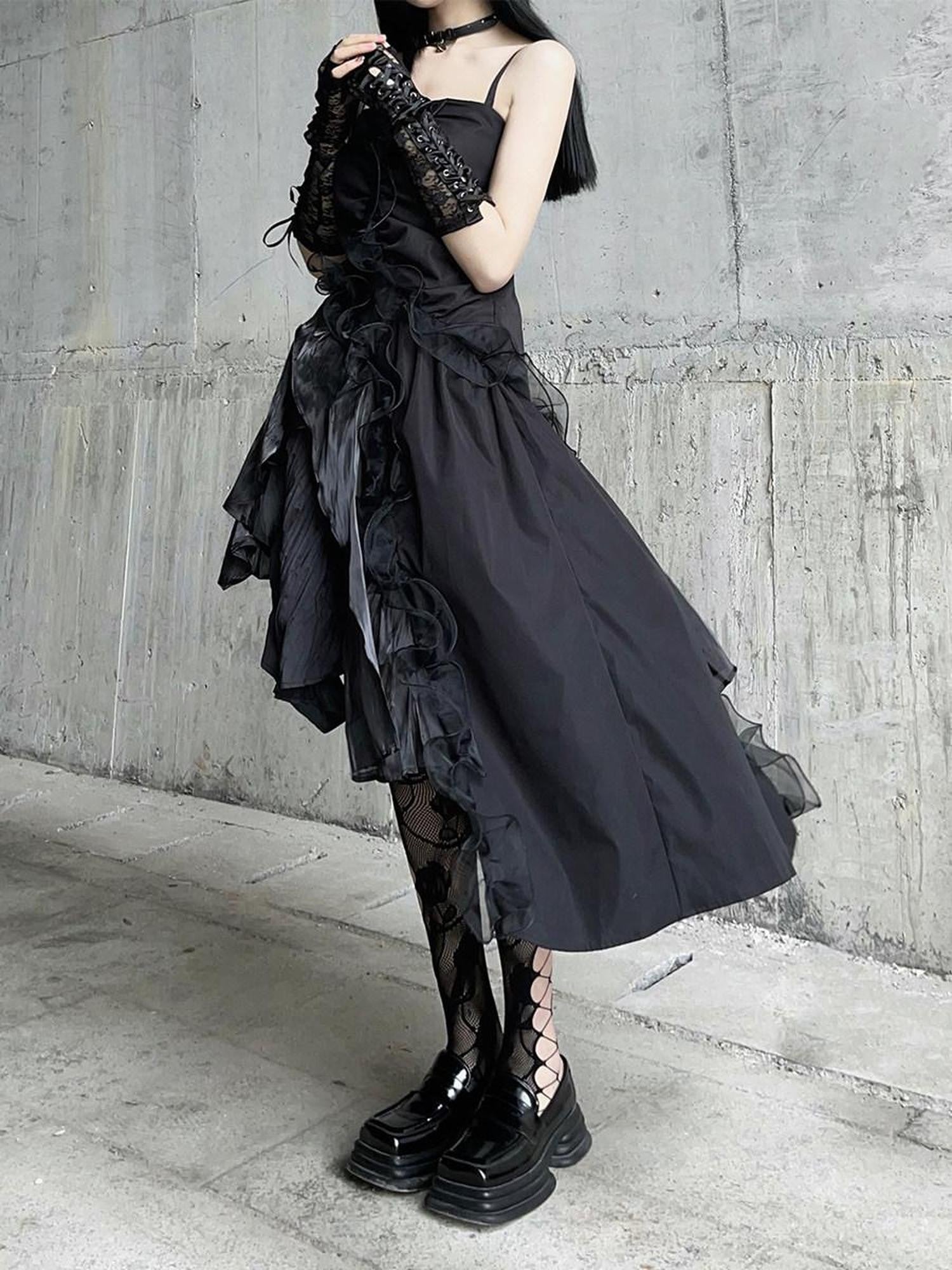 LADYGHOST Ghostly Black Asymmetrical Spaghetti Strap Gothic Women&