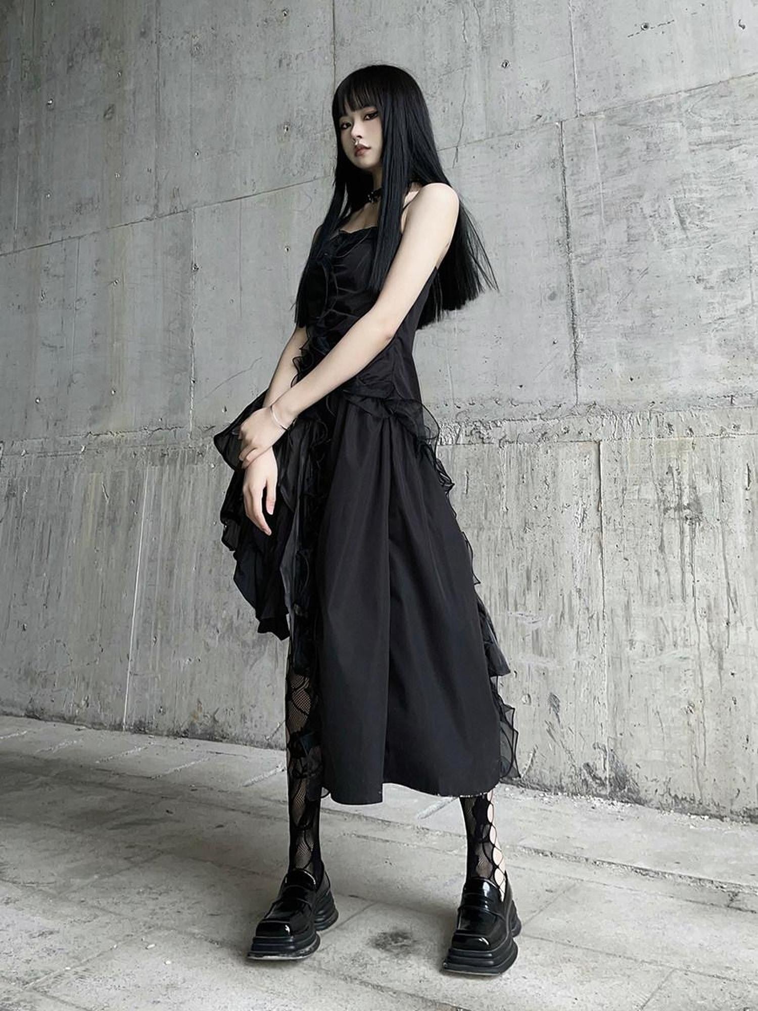 LADYGHOST Ghostly Black Asymmetrical Spaghetti Strap Gothic Women&