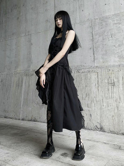 LADYGHOST Ghostly Black Asymmetrical Spaghetti Strap Gothic Women&