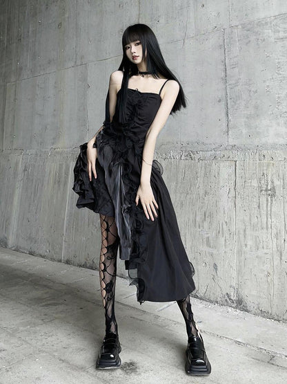 LADYGHOST Ghostly Black Asymmetrical Spaghetti Strap Gothic Women&