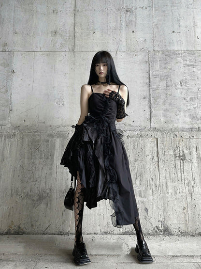 LADYGHOST Ghostly Black Asymmetrical Spaghetti Strap Gothic Women&