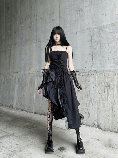 LADYGHOST Ghostly Black Asymmetrical Spaghetti Strap Gothic Women&