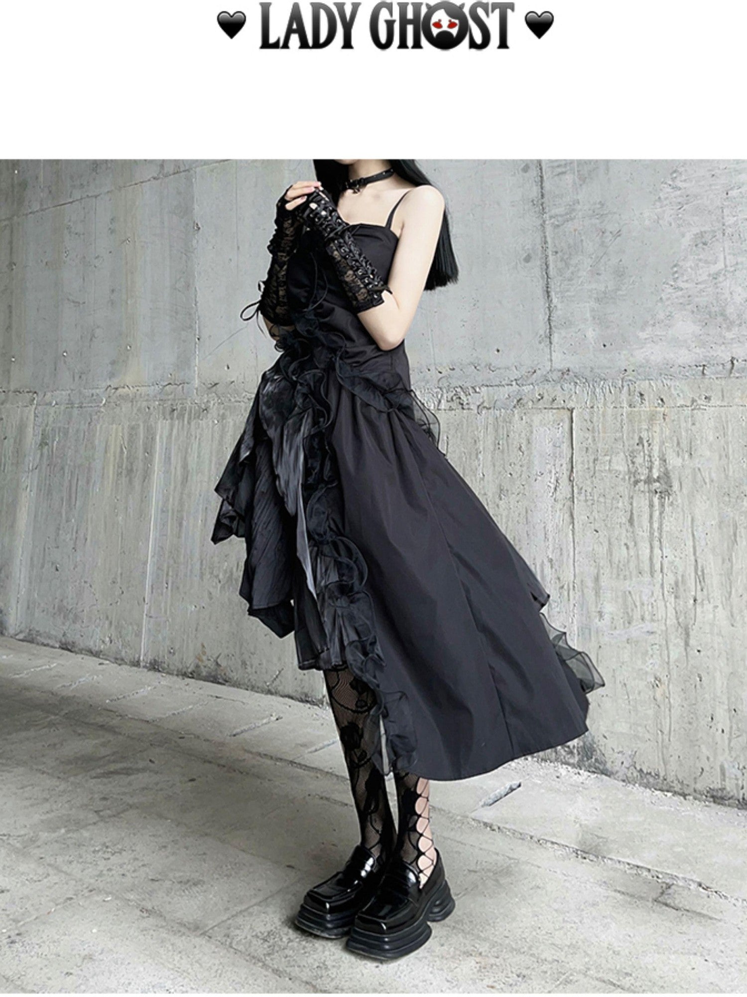 LADYGHOST Ghostly Black Asymmetrical Spaghetti Strap Gothic Women&