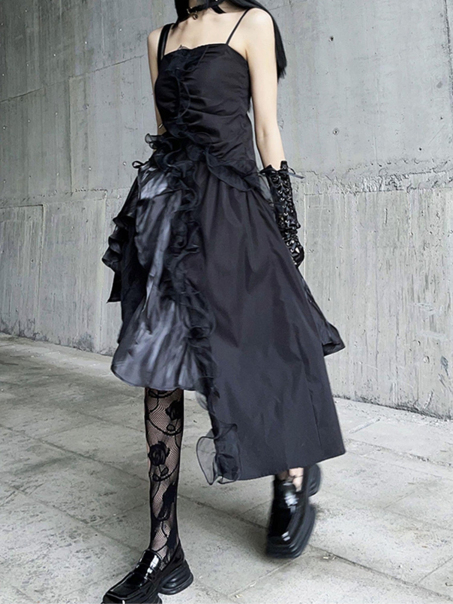 LADYGHOST Ghostly Black Asymmetrical Spaghetti Strap Gothic Women&