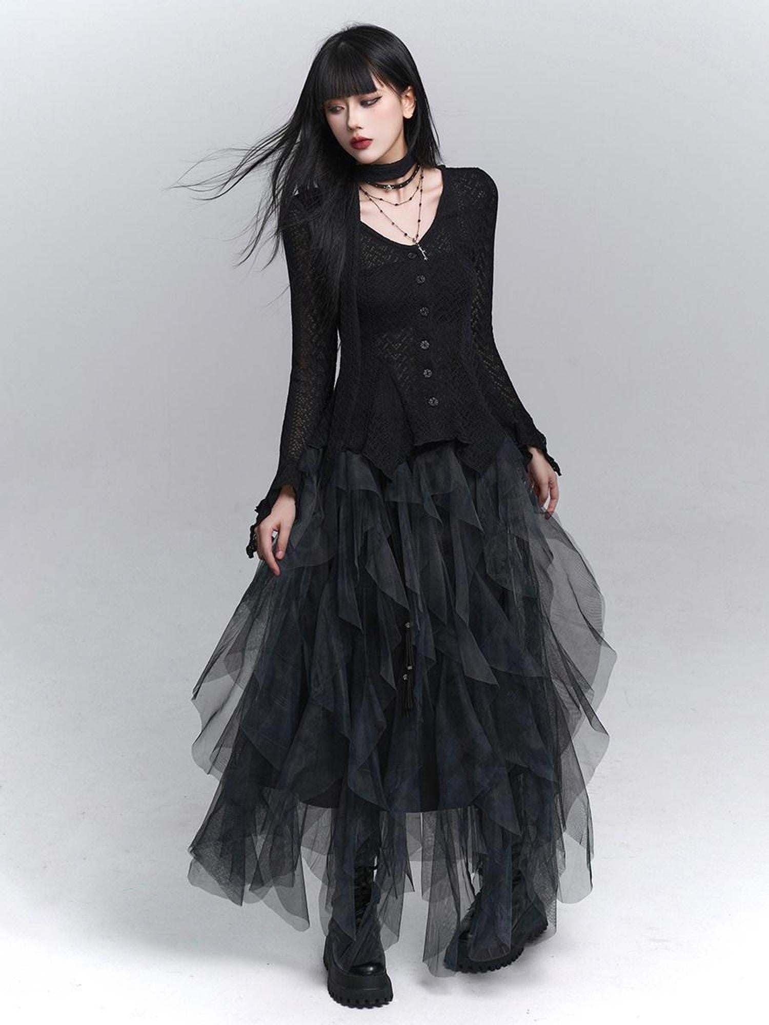 LADYGHOST Ghostly Black Gray Asymmetric Layered Women&
