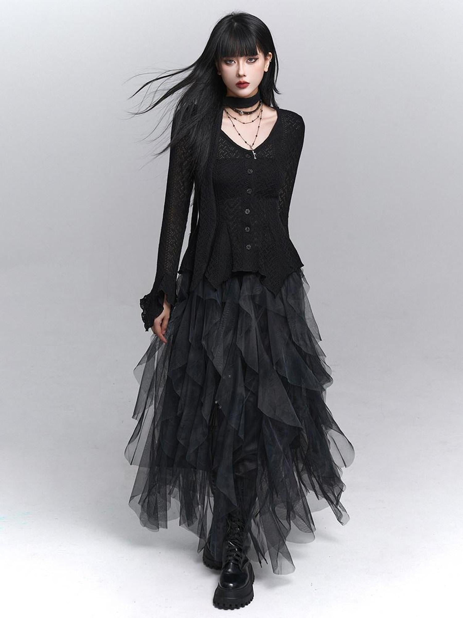 LADYGHOST Ghostly Black Gray Asymmetric Layered Women&