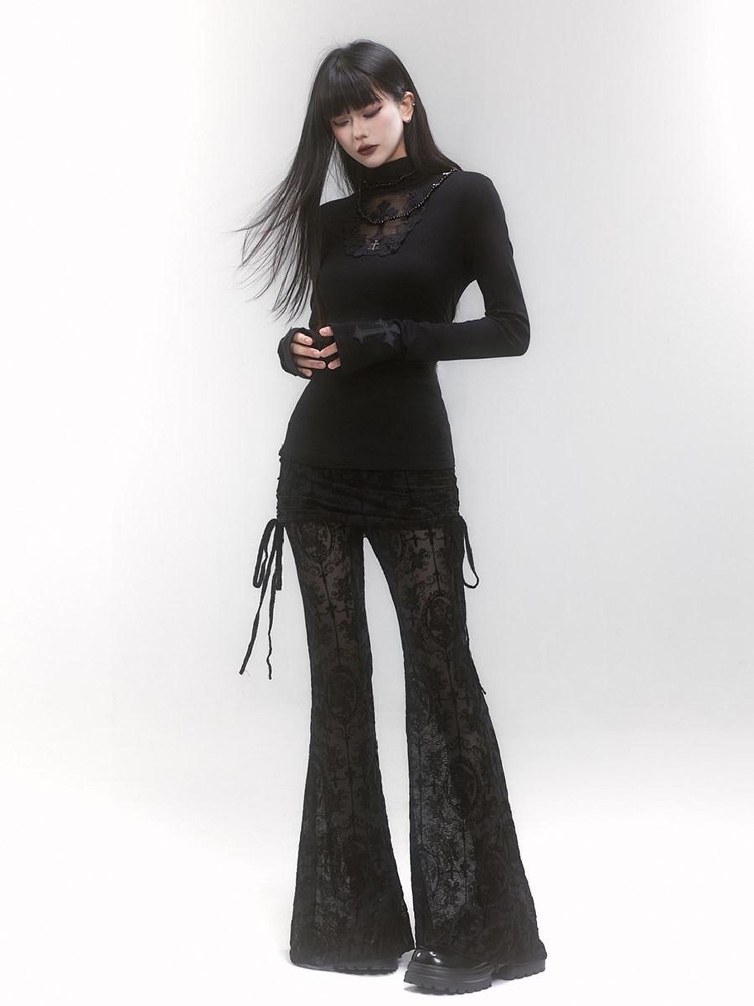 LADYGHOST Ghostly Black Lace Faux Two Piece Gothic Women&