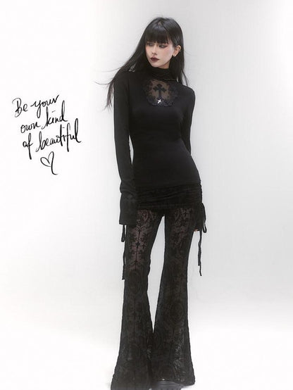 LADYGHOST Ghostly Black Lace Faux Two Piece Gothic Women&