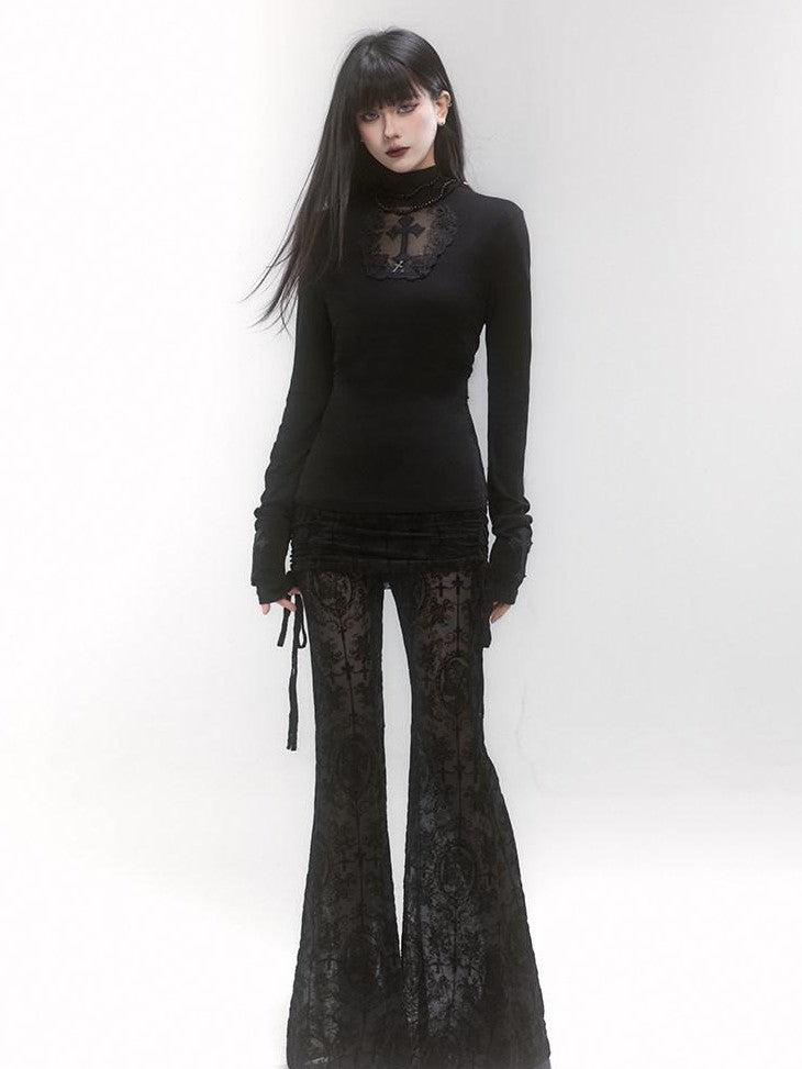 LADYGHOST Ghostly Black Lace Faux Two Piece Gothic Women&