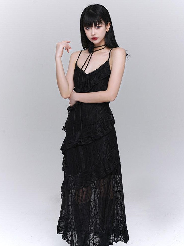 LADYGHOST Ghostly Black Tiered Spaghetti Strap Women&