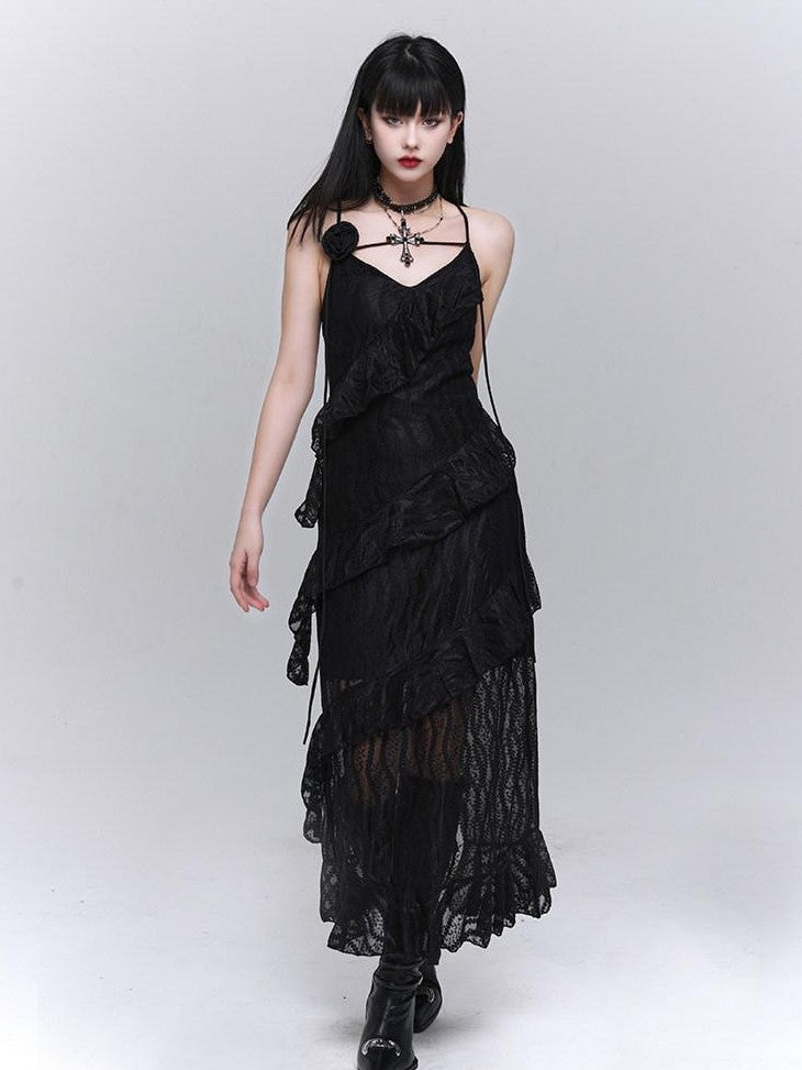 LADYGHOST Ghostly Black Tiered Spaghetti Strap Women&