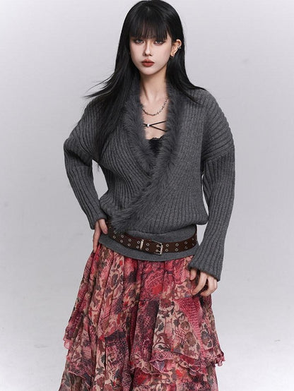LADYGHOST Ghostly Girl Soft Gray V-neck Slouchy Korean Style Women&
