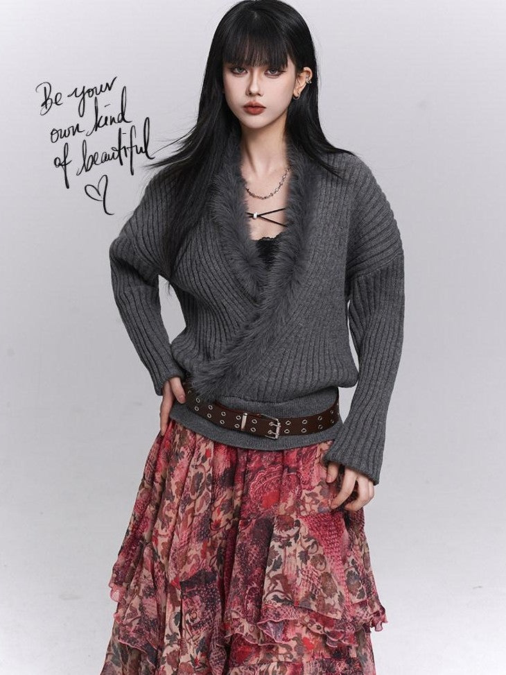 LADYGHOST Ghostly Girl Soft Gray V-neck Slouchy Korean Style Women&