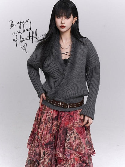 LADYGHOST Ghostly Girl Soft Gray V-neck Slouchy Korean Style Women&