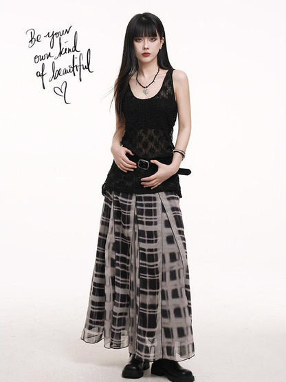 LADYGHOST Ghostly Gray Plaid A Line Pleated Subculture Women&