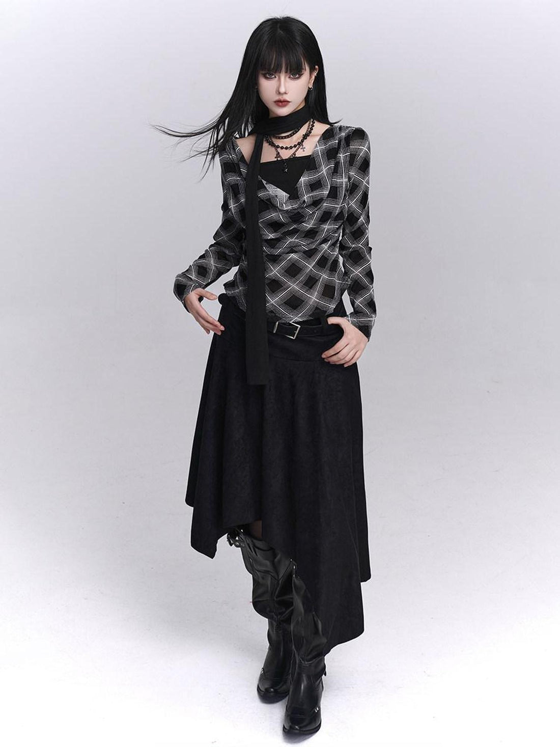 LADYGHOST Ghostly Plaid Faux Layered Cinched Waist Women&