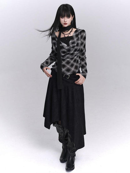 LADYGHOST Ghostly Plaid Faux Layered Cinched Waist Women&