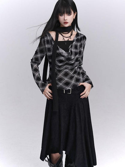 LADYGHOST Ghostly Plaid Faux Layered Cinched Waist Women&