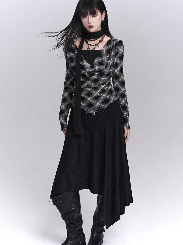 LADYGHOST Ghostly Plaid Faux Layered Cinched Waist Women&