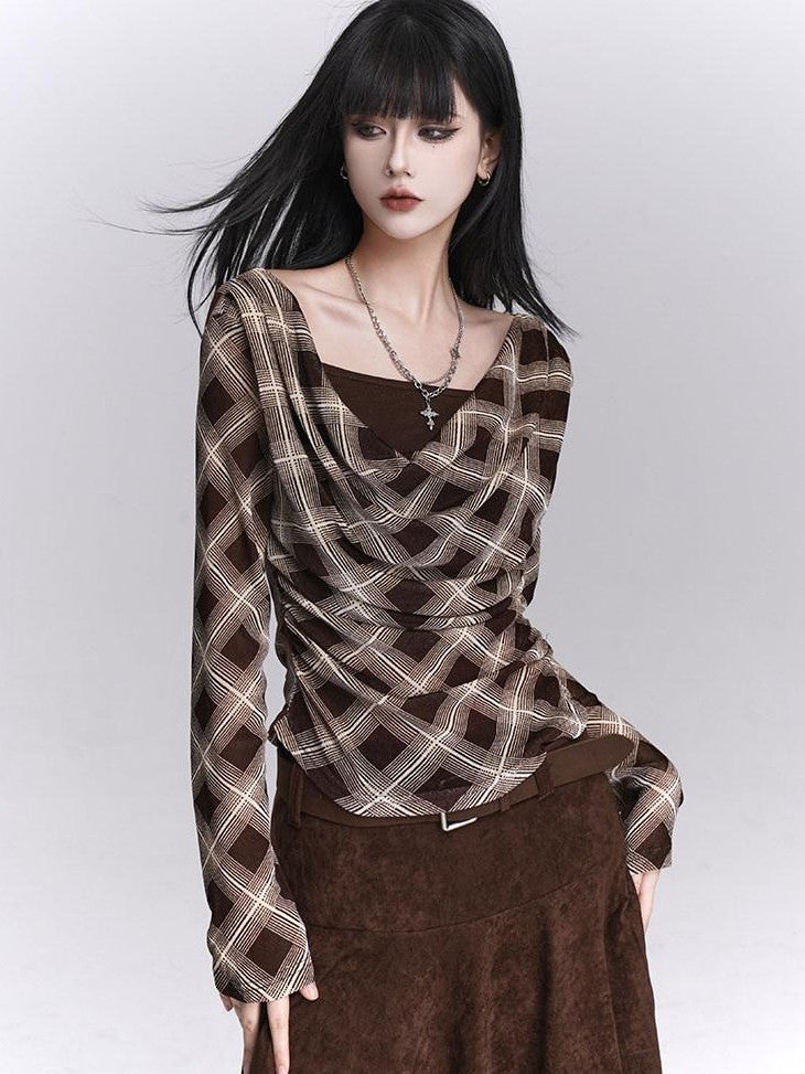 LADYGHOST Ghostly Plaid Faux Layered Cinched Waist Women&